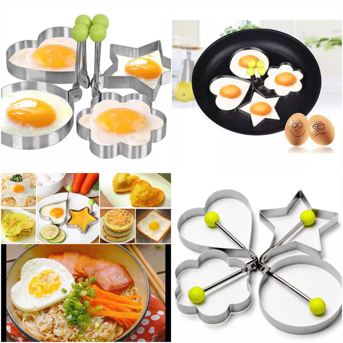 "Pack of 4 Stainless Steel Fried Egg Pancake Shapers - Star, Heart, Round & Flower"