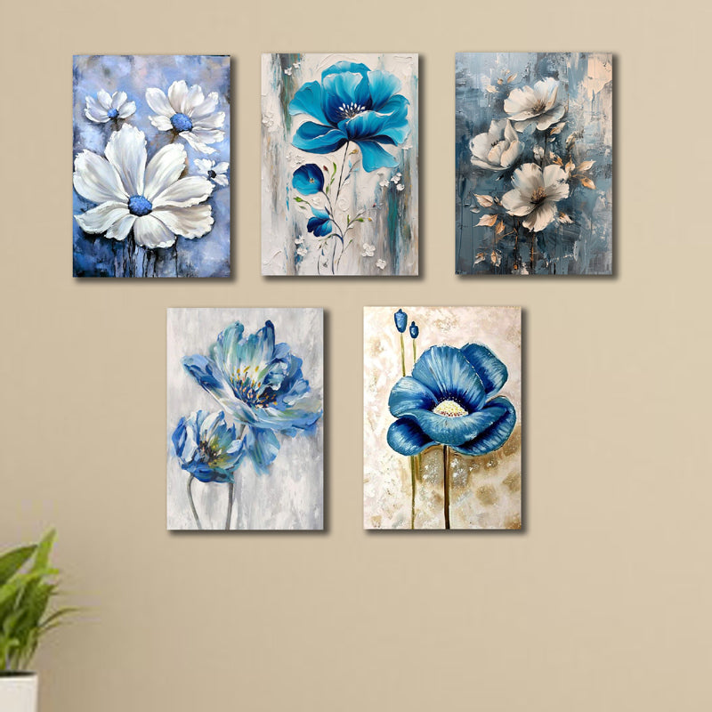 "Set of 5 Blue Flowers Wooden Wall Art Frames for Home Decoration / Sticky Photo Tiles"