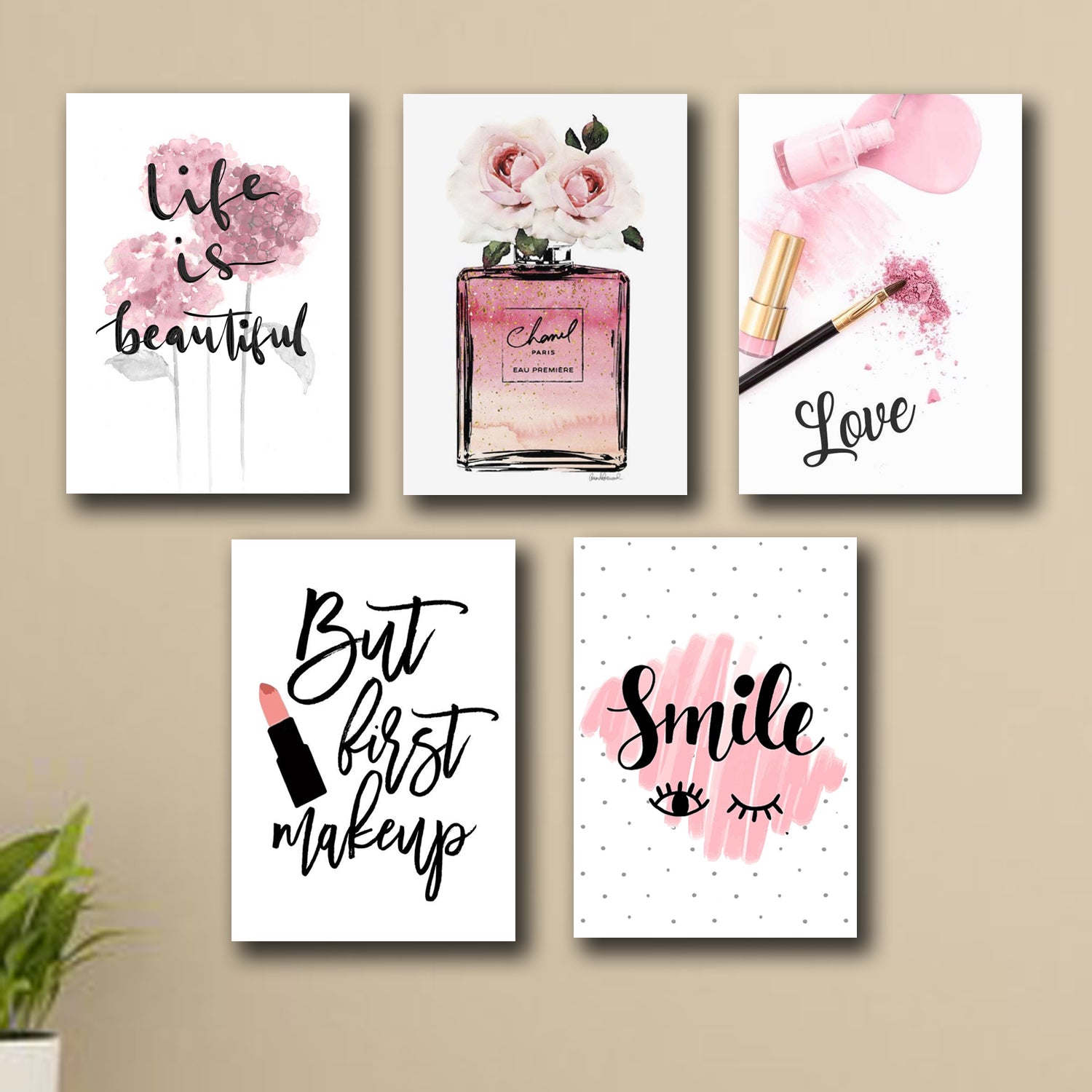 "Set of 5 Makeup-Themed Girls Room Wall Art Wooden Sticky Photo Tile Frames"