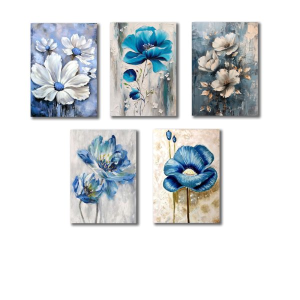 "Set of 5 Blue Flowers Wooden Wall Art Frames for Home Decoration / Sticky Photo Tiles"