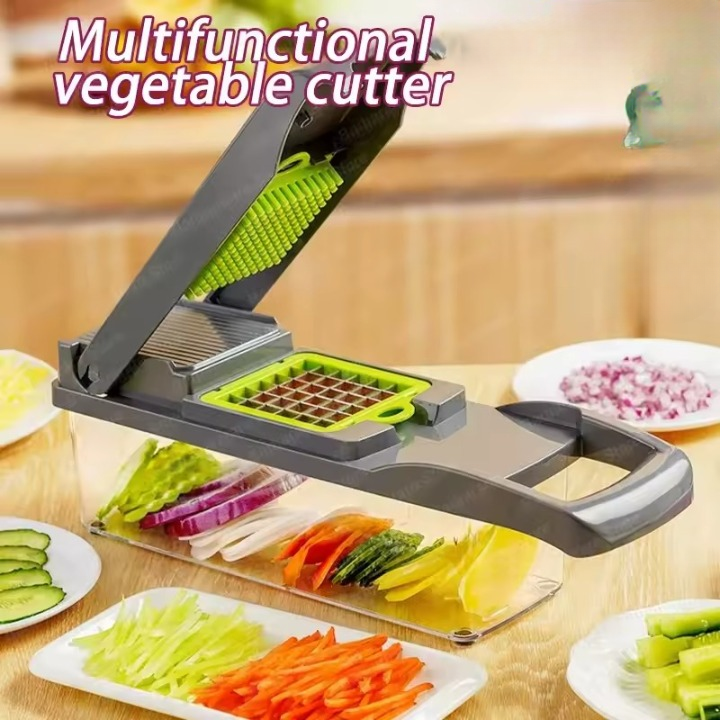 "Multifunctional Vegetable Slicer & Cutter with Basket – Fruit, Potato, Carrot Grater"