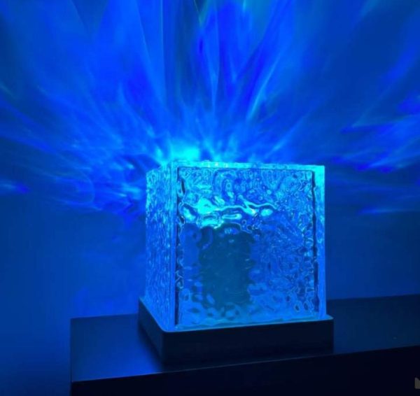 "Dynamic Rotating Water Ripple Night Light – 3 Colors Flame Crystal Lamp with Remote & USB Cable"