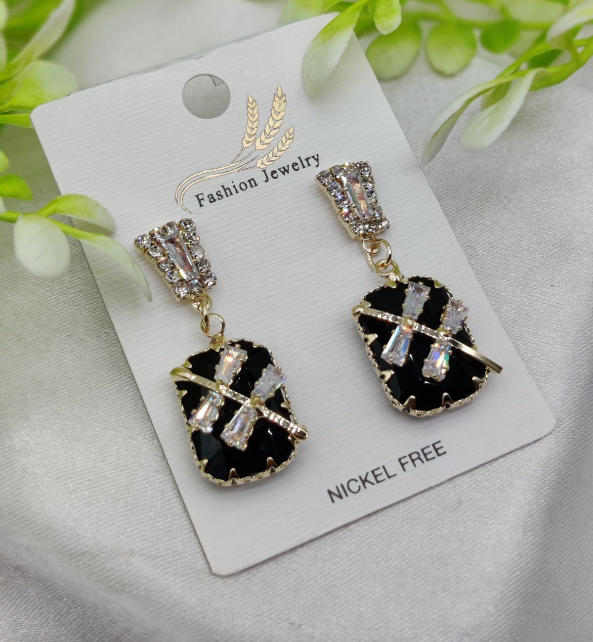 "Elegant Black Crystal Earrings with Rhinestone Accents – Nickel-Free"