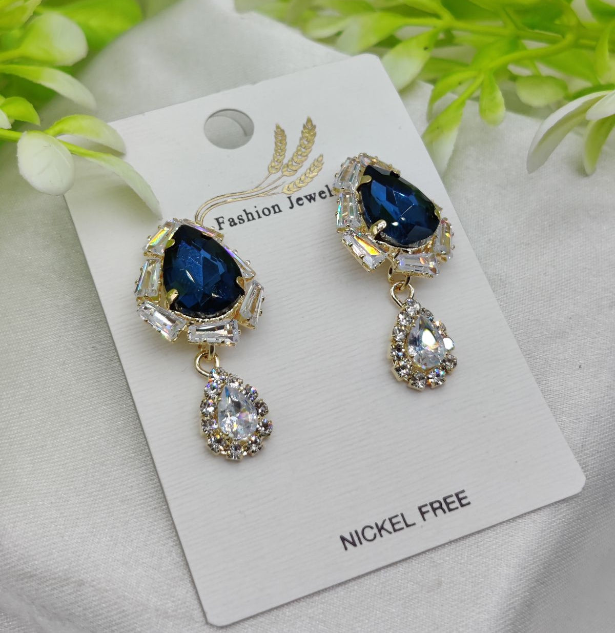 "Elegant Royal Blue Drop Earrings with Crystal Accents – Nickel-Free"