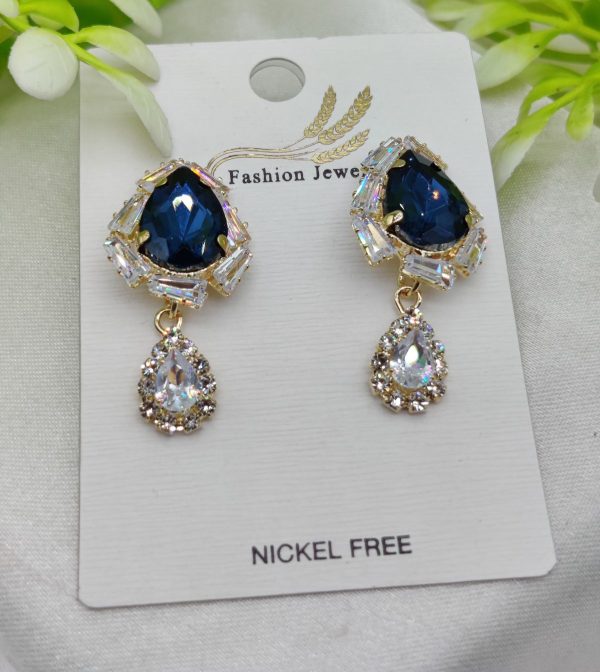 "Elegant Royal Blue Drop Earrings with Crystal Accents – Nickel-Free"