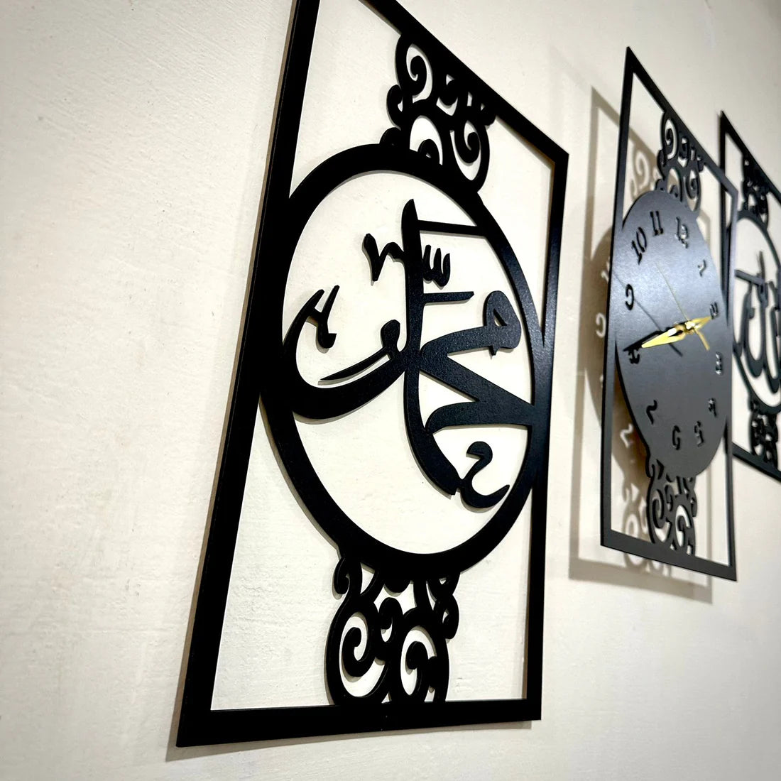 "Islamic 3D Wood Wall Clock – Allah & Muhammad (SAW) Design"