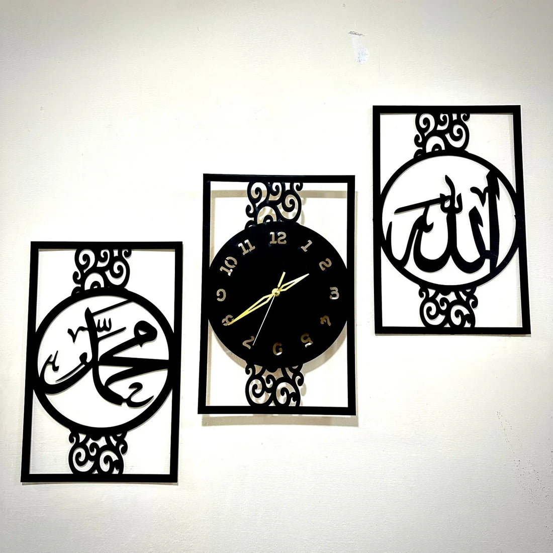 "Islamic 3D Wood Wall Clock – Allah & Muhammad (SAW) Design"