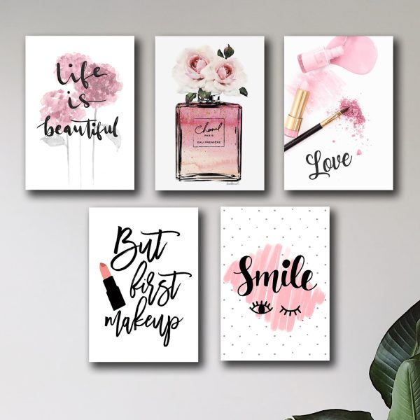 "Set of 5 Makeup-Themed Girls Room Wall Art Wooden Sticky Photo Tile Frames"