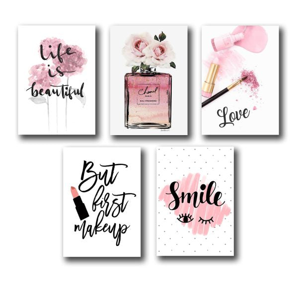 "Set of 5 Makeup-Themed Girls Room Wall Art Wooden Sticky Photo Tile Frames"