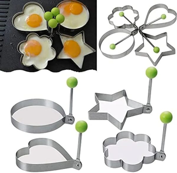 "Pack of 4 Stainless Steel Fried Egg Pancake Shapers - Star, Heart, Round & Flower"