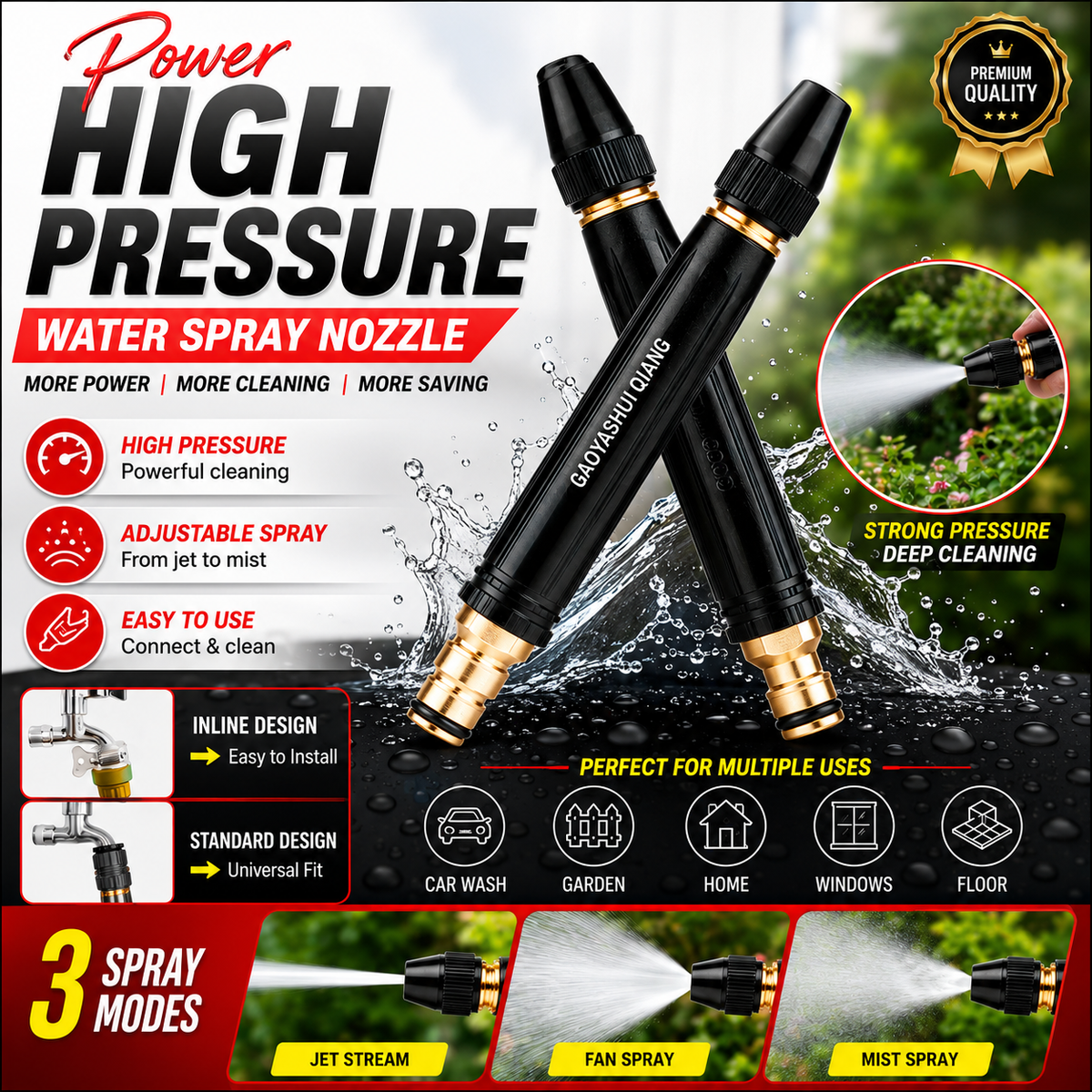 High Pressure Water Spray Nozzle – Adjustable Jet, Fan & Mist Spray | Universal Garden & Car Wash Nozzle