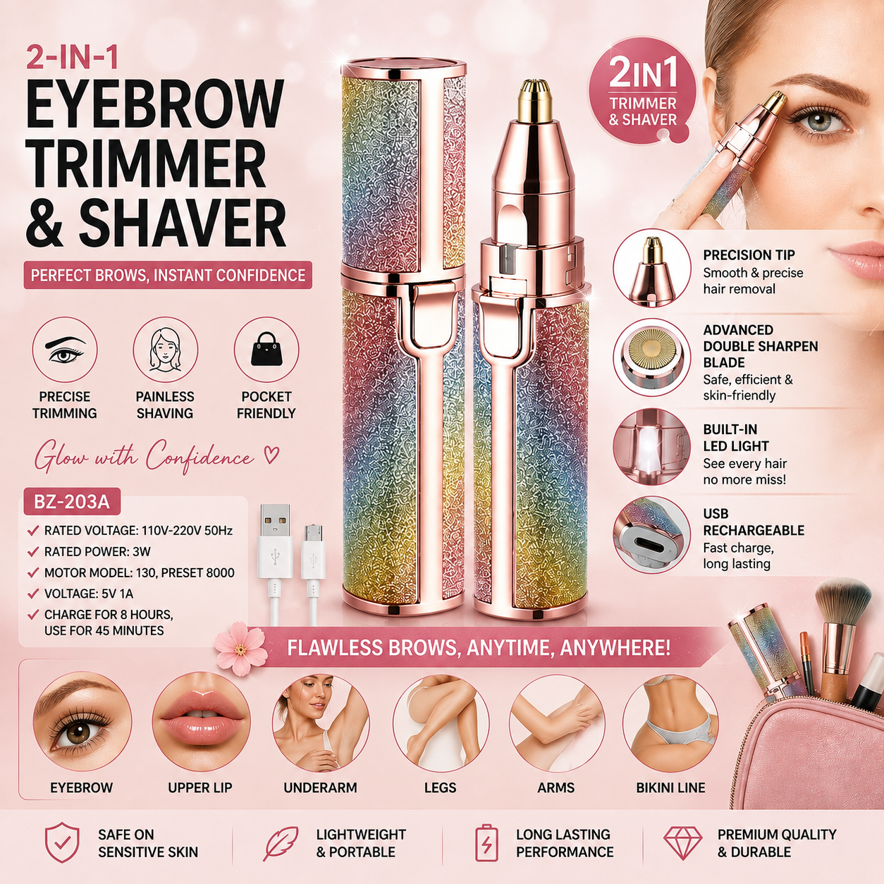 2-in-1 Rechargeable Eyebrow Trimmer & Facial Hair Remover for Women – Built-in LED Light