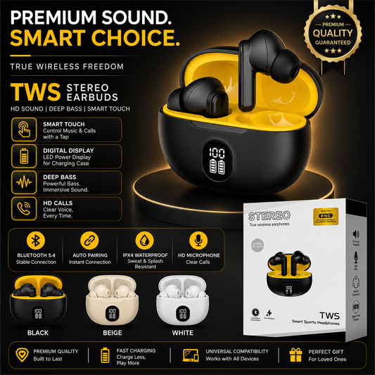 TWS Wireless Earbuds with Digital LED Display – Smart Touch Control, Deep Bass & HD Calls